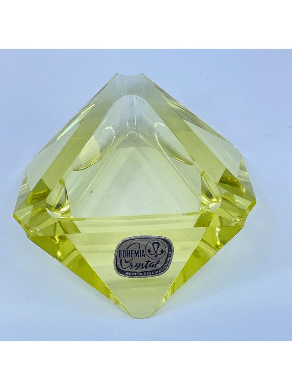 vintage bohemia crystal yellow diamond-shaped ashtray made in czechoslovakia